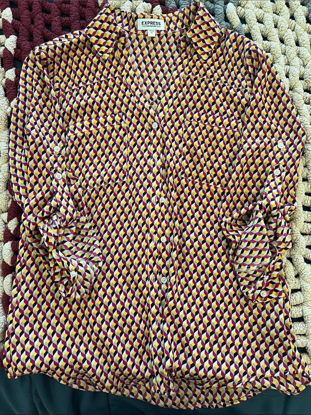 Express Geometric Print Button-Down Shirt - Yellow, Burgundy, White